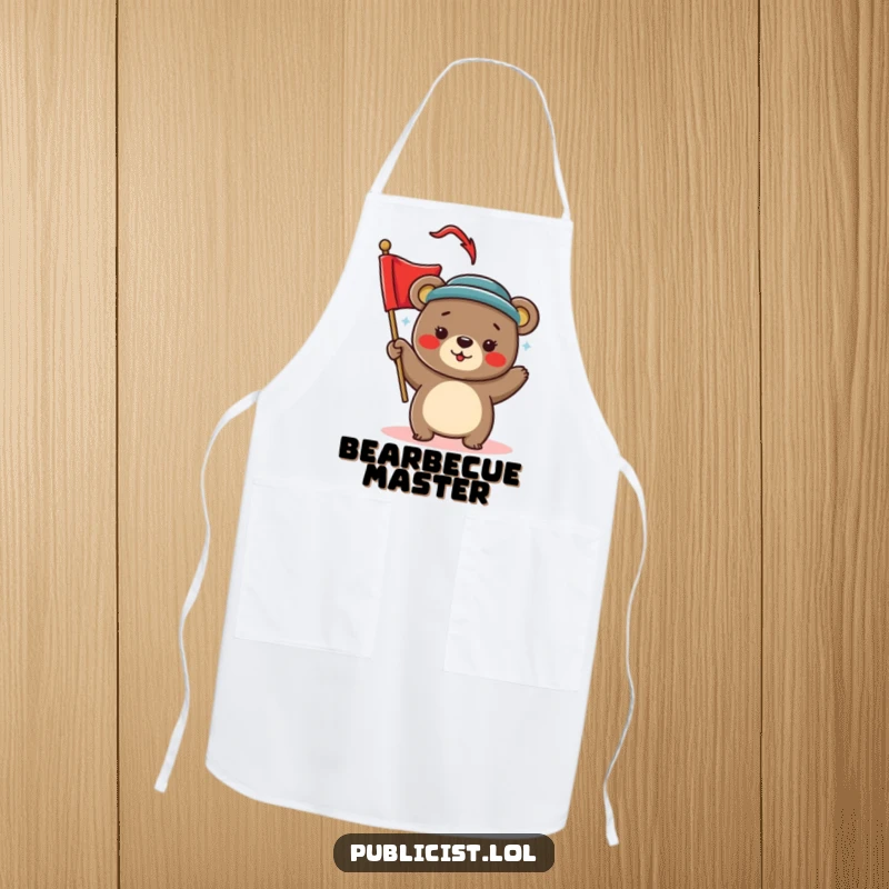 Funny Apron depicting a playful bear in a fashionable hat waving a red banner, perfect for humorous kitchen party prep.