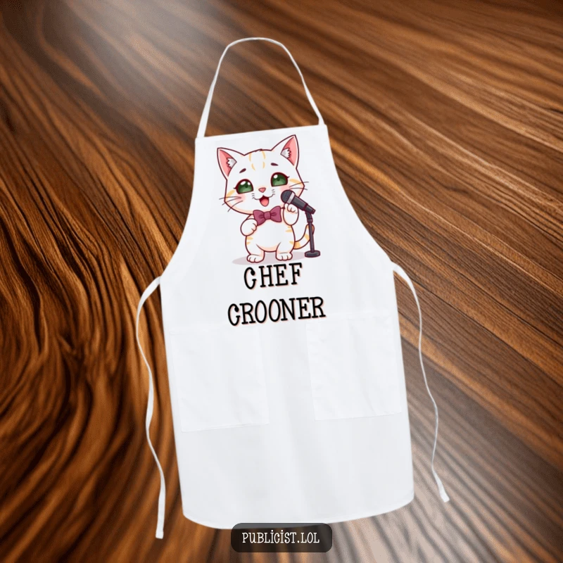 Funny cute cat apron showing a cat in a bowtie with a microphone, striking a confident pose, bringing stage presence to cooking.