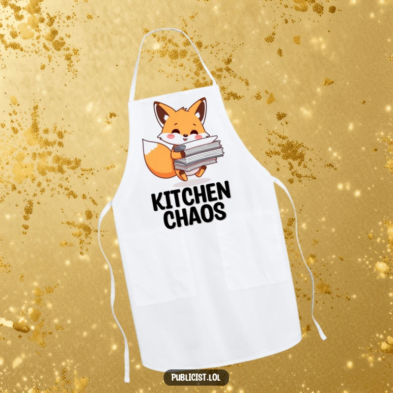 Funny Apron showing a smiling fox character precariously balancing paper, humorously representing kitchen organization (or lack thereof).
