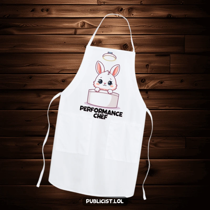 Funny apron with a fluffy rabbit peeking from behind a podium under a spotlight, humorously depicting a kitchen performer.