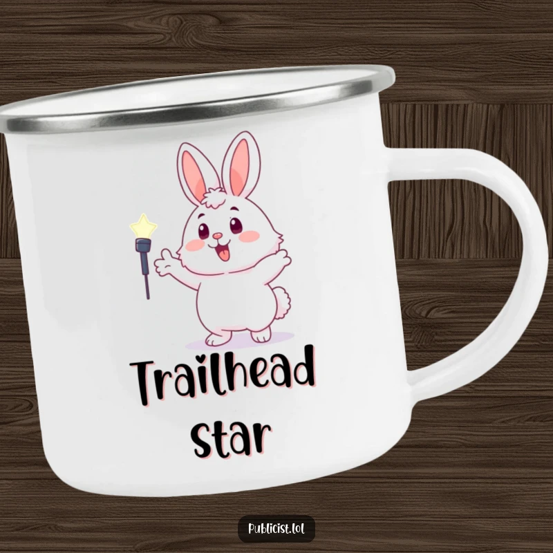 Funny fluffy bunny camping mug showing a character gesturing towards a spotlight, ready for outdoor adventures with bright energy.