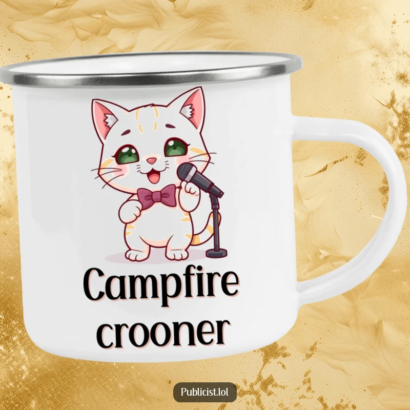 Funny cute cat camping mug showing a cat in a bowtie holding a microphone and striking a pose, ready for outdoor performances.