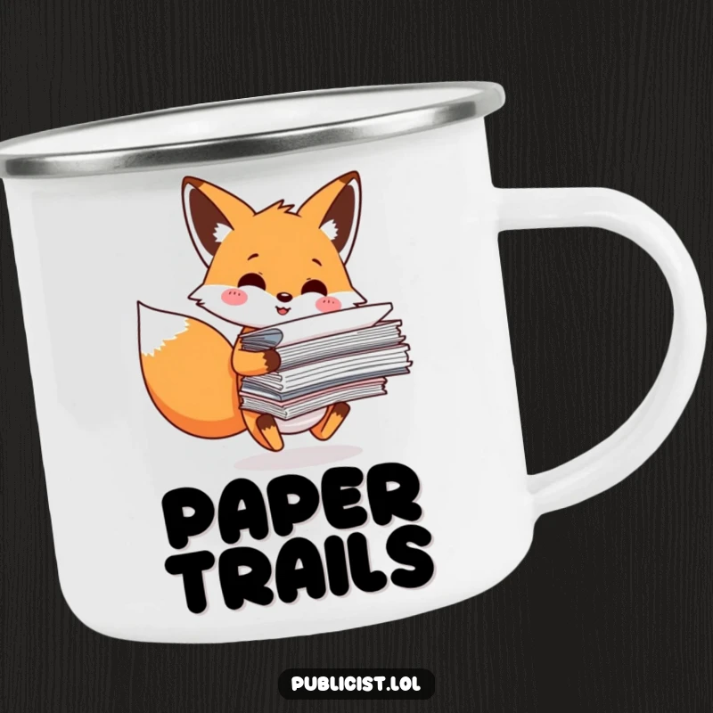 Funny Camping Mug featuring a smiling fox character precariously balancing papers, perfect for humorous outdoor coffee breaks.
