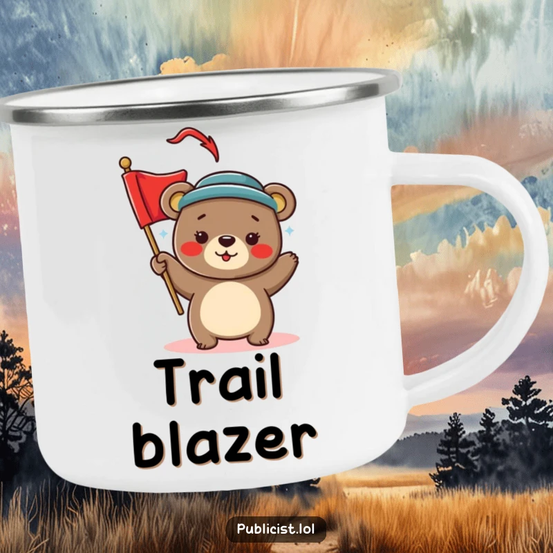 Funny Camping Mug with a playful bear in a stylish hat waving a red banner, ideal for humorous outdoor festivities.