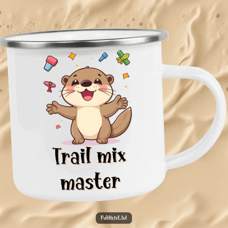 Funny camping mug of a playful otter juggling colorful flyers with a wide grin, suitable for humorous outdoor activities.