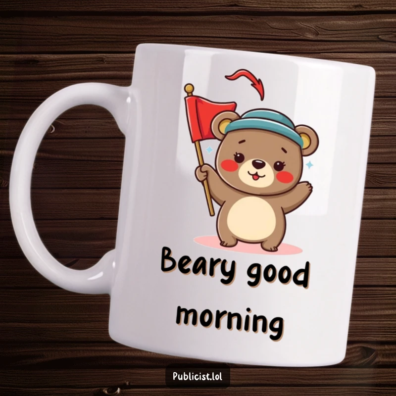 Funny Mug featuring a playful bear in a stylish hat waving a bright red banner, conveying excitement and cheerful celebration.