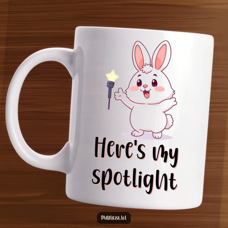 Funny fluffy bunny character mug enthusiastically gesturing towards a bright spotlight, radiating excitement and confidence.