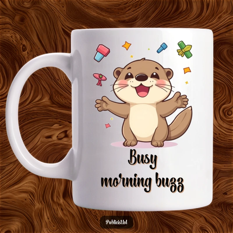 Funny mug of a playful otter juggling colorful flyers with a wide grin, symbolizing cheerful multitasking and busyness.