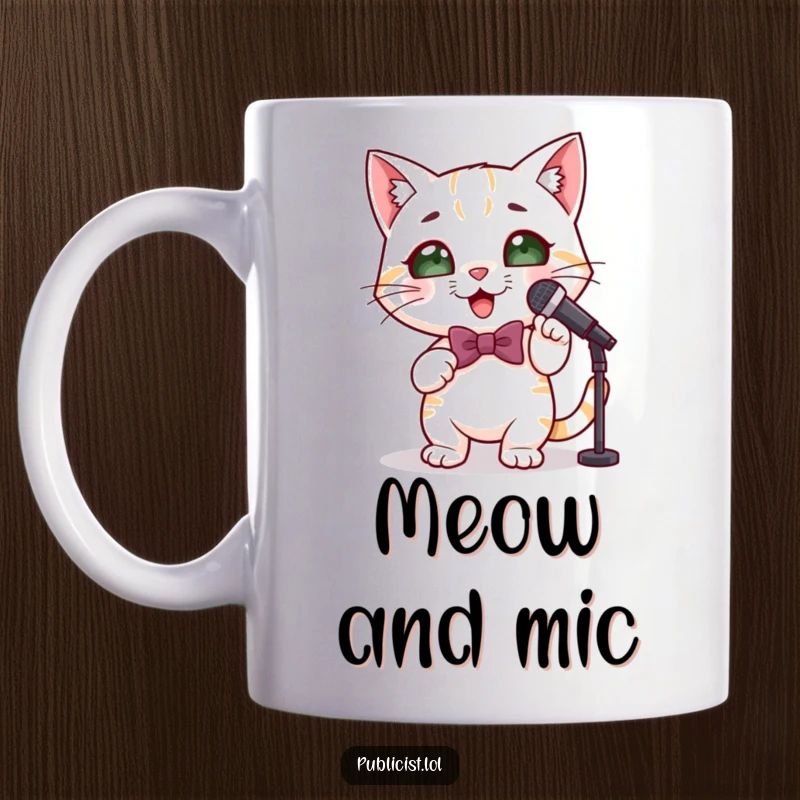 Funny cute cat character mug wearing a tiny bowtie, holding a miniature microphone, and striking a dramatic pose like a star.