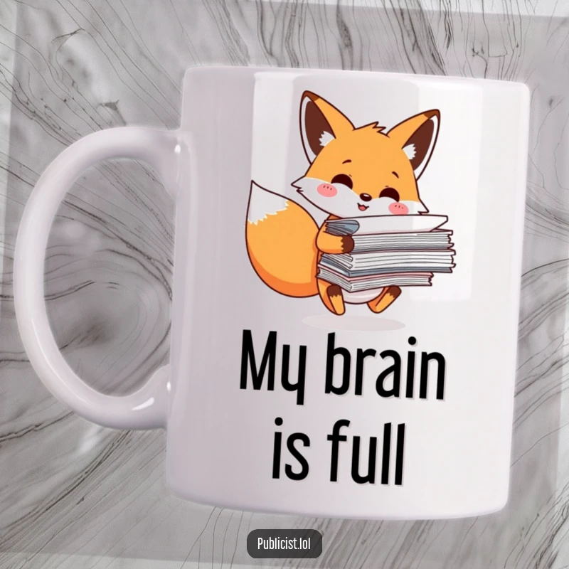 Funny Mug featuring a smiling fox character struggling to balance a tall stack of papers, symbolizing office work overload and humor.