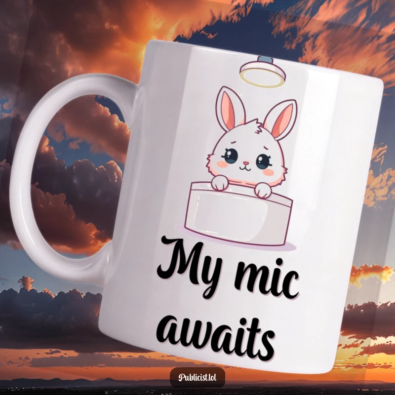 Funny mug featuring a fluffy rabbit peeking from behind a podium under a spotlight, humorously mimicking a political speech.