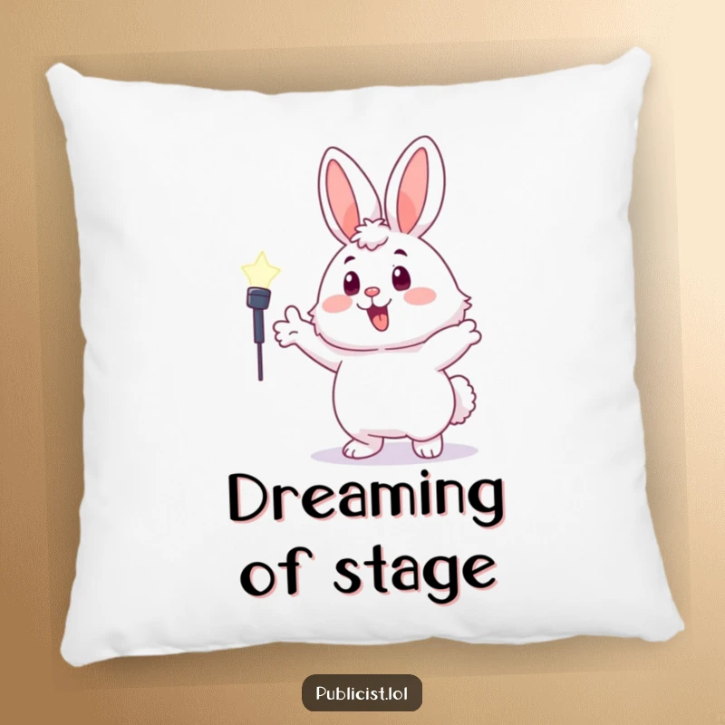 Funny fluffy bunny pillow featuring a character gesturing enthusiastically towards a spotlight, bringing warmth and humor.