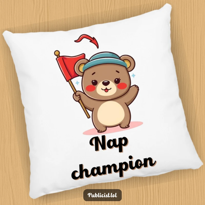 Funny Pillow featuring a playful bear in a stylish hat, waving a red banner, offering humorous comfort and festive vibes.