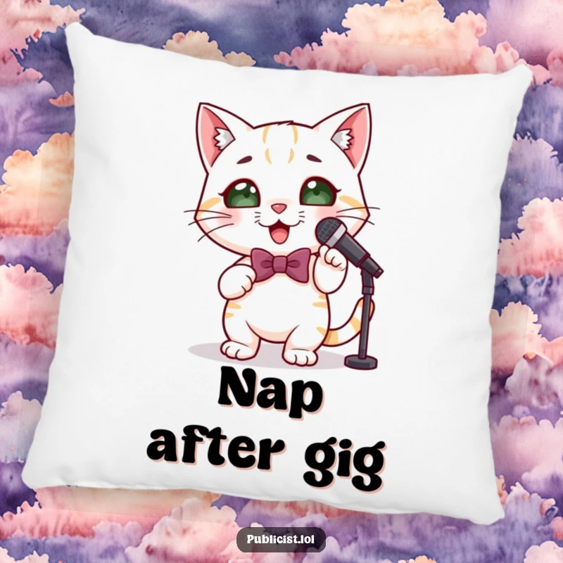 Funny cute cat pillow featuring a bowtie-wearing cat holding a microphone and posing like a diva, adding humor to any room.