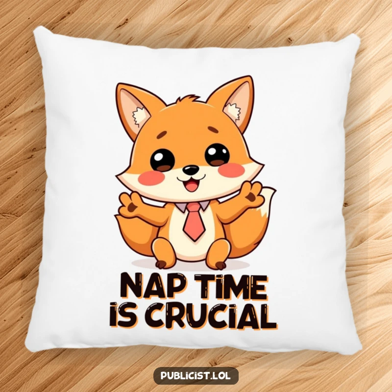 Funny pillow featuring a cheerful fox in a tiny tie, gesturing wildly, adding a touch of humorous professionalism.