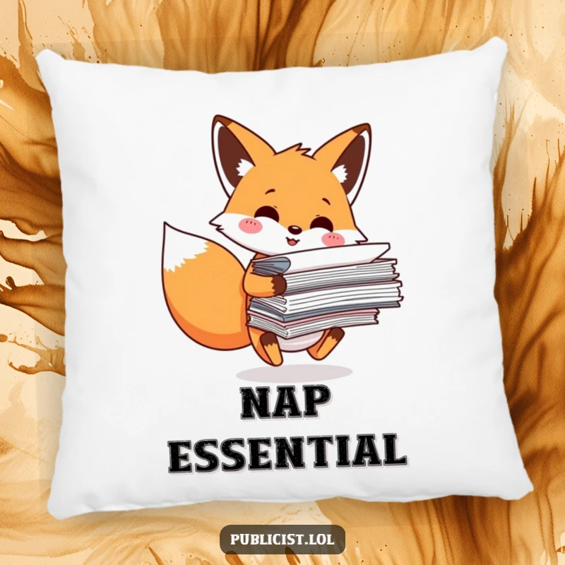 Funny Pillow featuring a smiling fox character precariously balancing papers, offering humorous comfort and a touch of office-related levity.