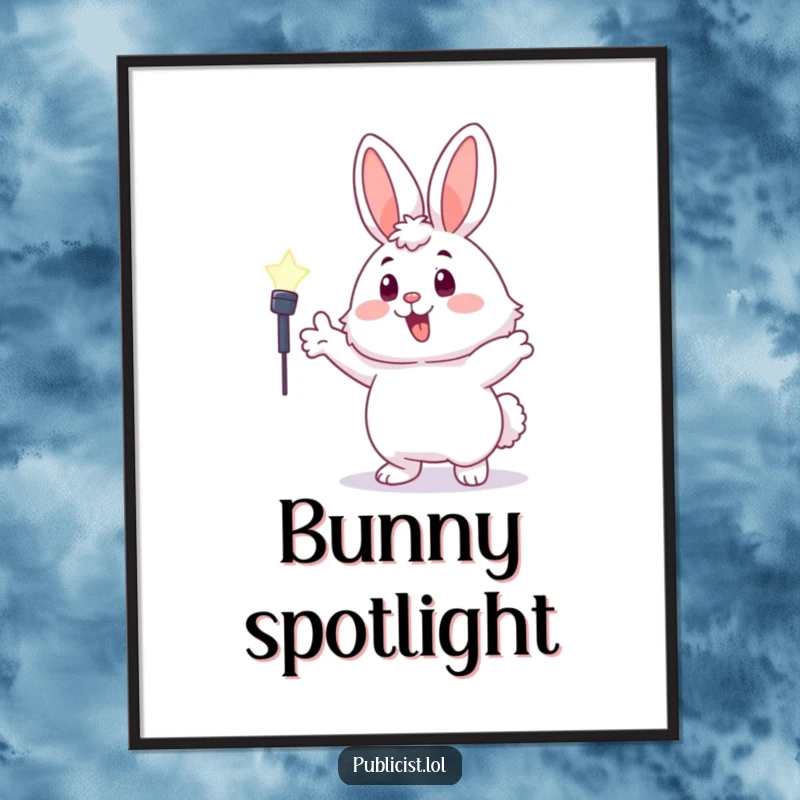 Funny fluffy bunny digital art print of a character enthusiastically gesturing towards a spotlight, adding animated humor.