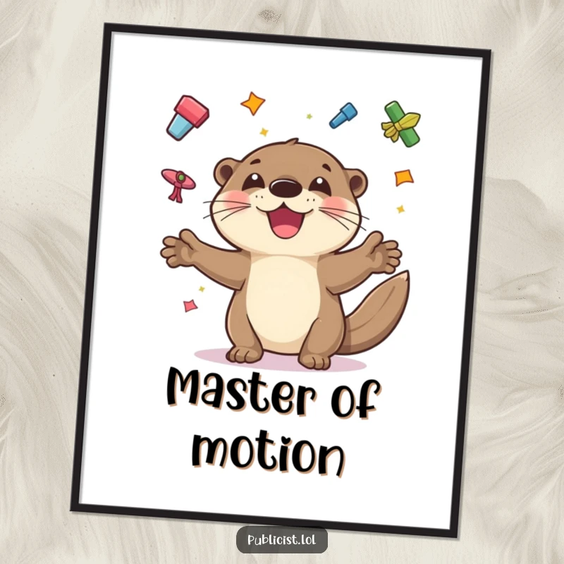 Funny digital art of a playful otter juggling colorful flyers with a wide grin, embodying humorous multitasking and cheerfulness.