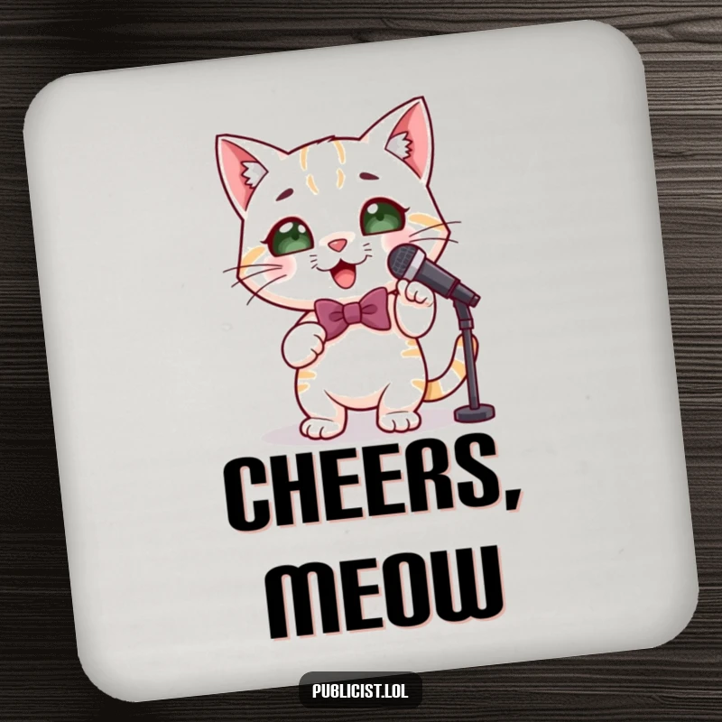 Funny cute cat drink coaster set featuring a cat in a bowtie holding a microphone and striking a pose, ready for the show.