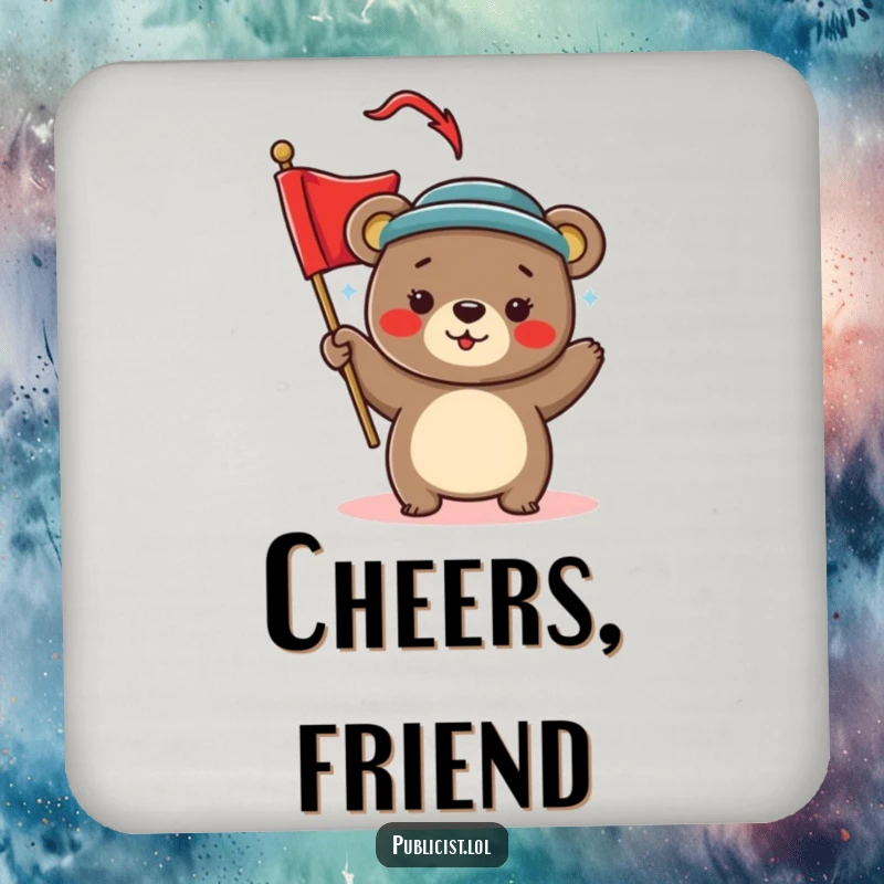Funny Drink Coasters featuring a playful bear in a stylish hat waving a red banner, humorously protecting surfaces during celebrations.