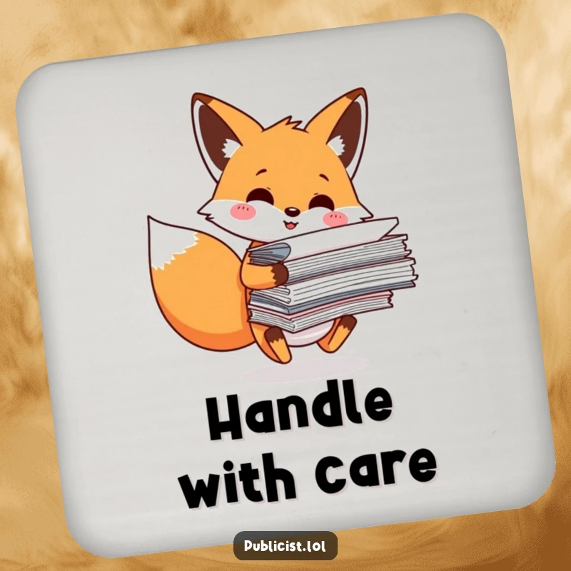 Funny Drink Coasters featuring a smiling fox character precariously balancing paper, humorously protecting surfaces from drink rings.