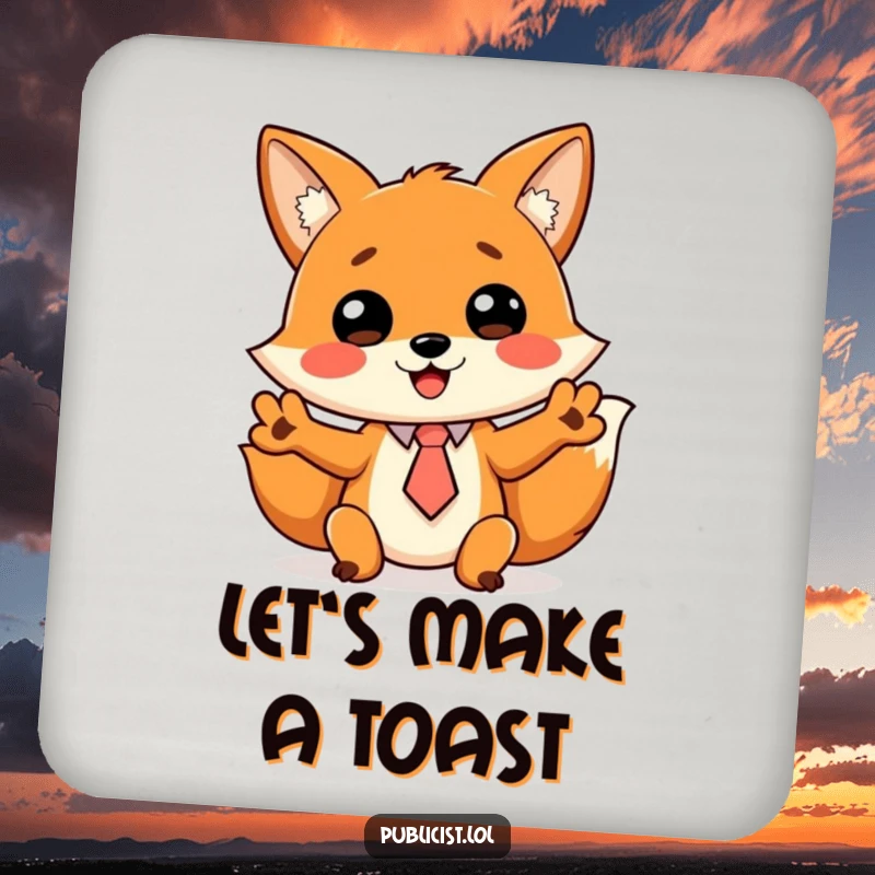 Funny coasters featuring a cheerful fox in a tiny tie, gesturing wildly, offering humorous protection for tables.