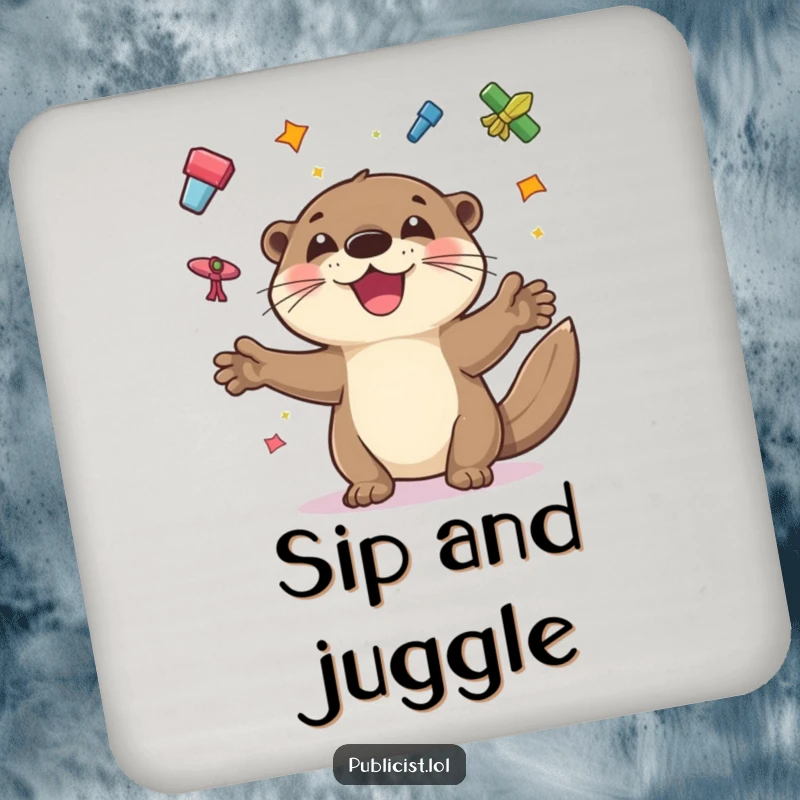 Funny coasters featuring a playful otter juggling colorful flyers with a wide grin, offering humorous protection for tables.
