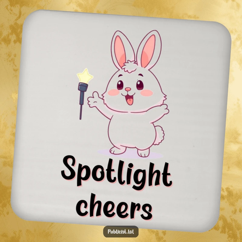 Funny fluffy bunny drink coaster set featuring a character enthusiastically gesturing towards a spotlight, adding cheerful humor.
