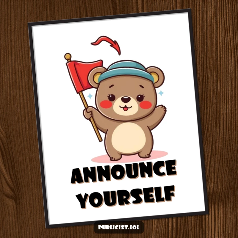 Funny Poster of a playful bear in a stylish hat, enthusiastically waving a brilliant red banner, ideal for festive wall decor.