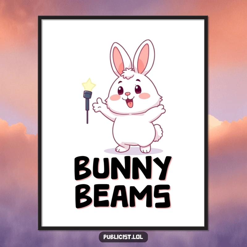 Funny fluffy bunny poster print of a character enthusiastically gesturing towards a bright spotlight, full of charm and energy.