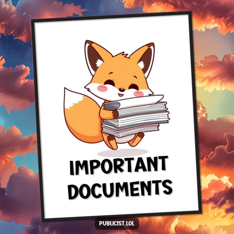 Funny Poster of a smiling fox character overwhelmed by a precarious stack of papers, illustrating office stress with humorous charm.