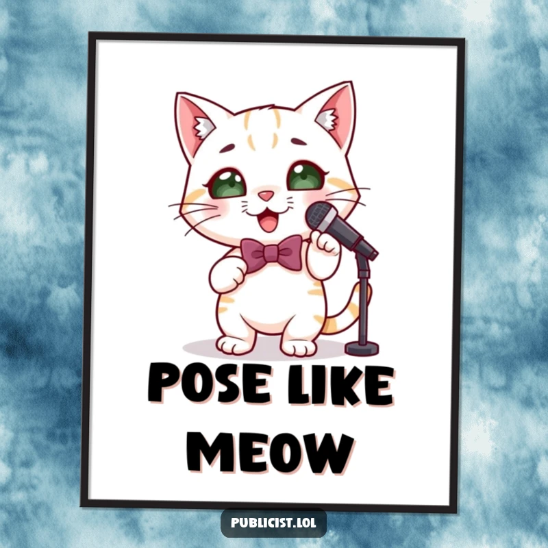 Funny cute cat poster print of a cat in a bowtie holding a miniature microphone, striking a dramatic and confident pose.