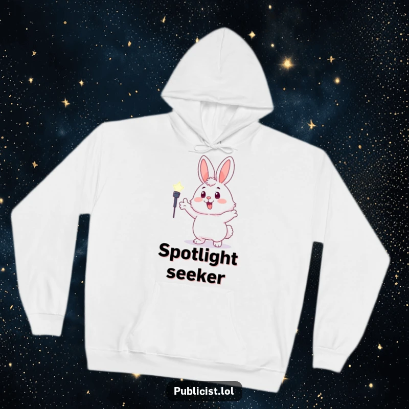 Funny fluffy bunny hoodie illustrating a character joyfully gesturing towards a spotlight, embodying enthusiasm and flair.