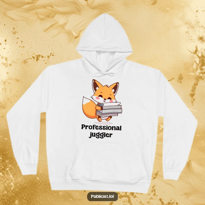 Funny Hoodie showcasing a smiling fox character precariously balancing a huge pile of papers, perfect for humorous cozy work sessions.
