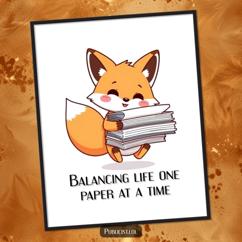 Funny Free Printable Wall Art: Fox precariously balancing stack of papers, office humor, downloadable decor.