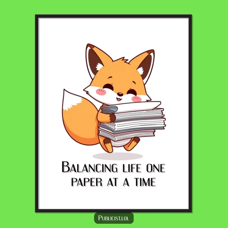 Free Printable Wall Art: Funny Fox Balancing Papers, Hilarious Downloadable Office Decor