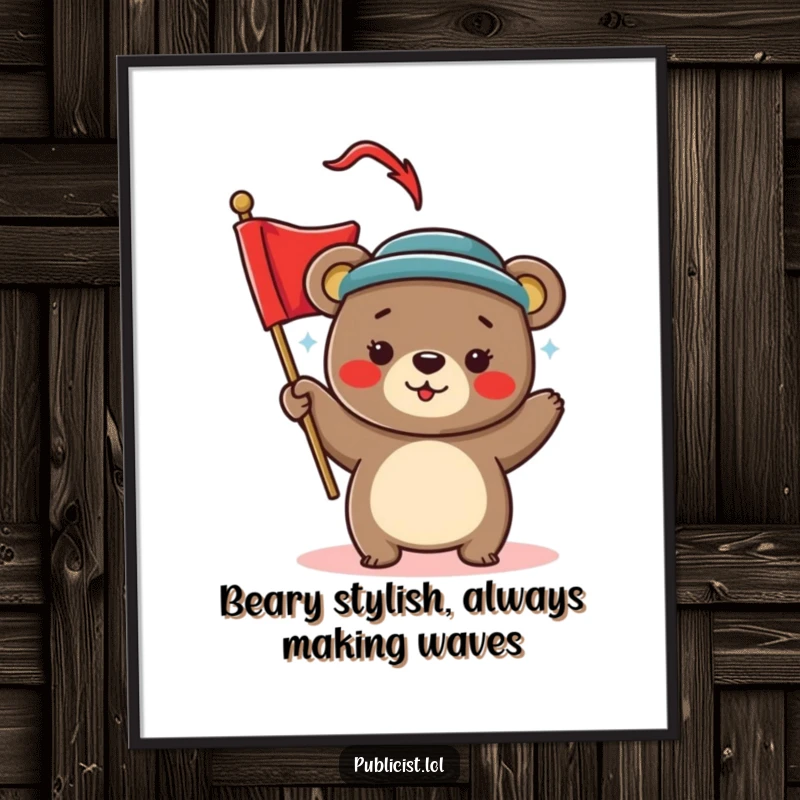 Funny Free Printable Wall Art: Playful bear wearing hat waves a bright red banner, festive, downloadable.