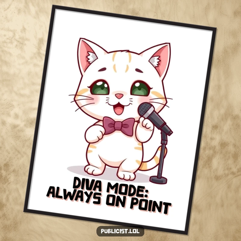 Funny Free Printable Wall Art: A cute cat in a bowtie with a microphone, striking a confident pose, adding quirky charm.