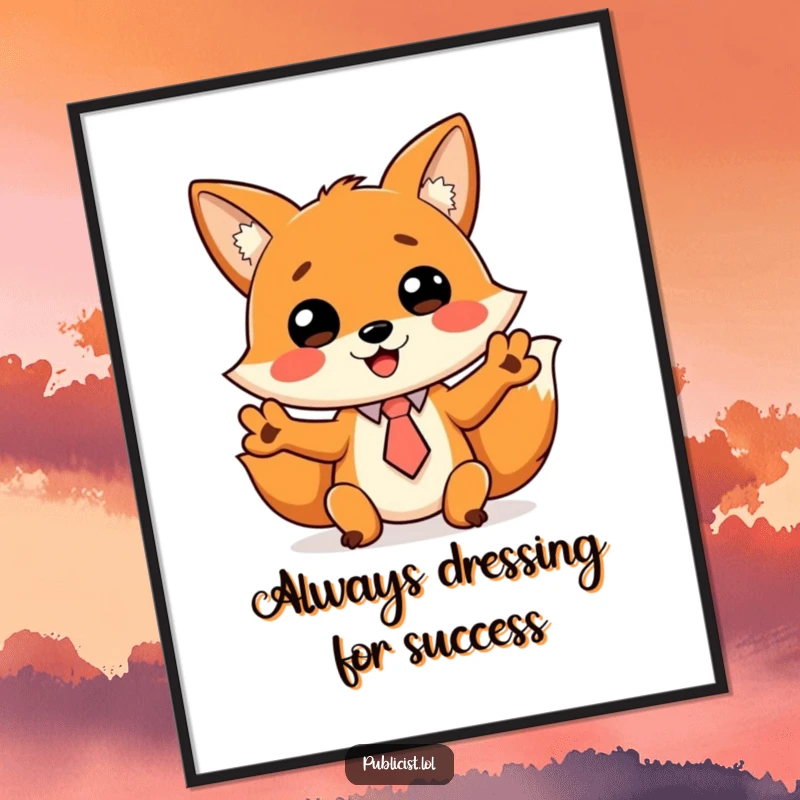 Funny free printable wall art of a cheerful fox in a tiny tie, gesturing wildly with its paws, radiating chaotic charm.
