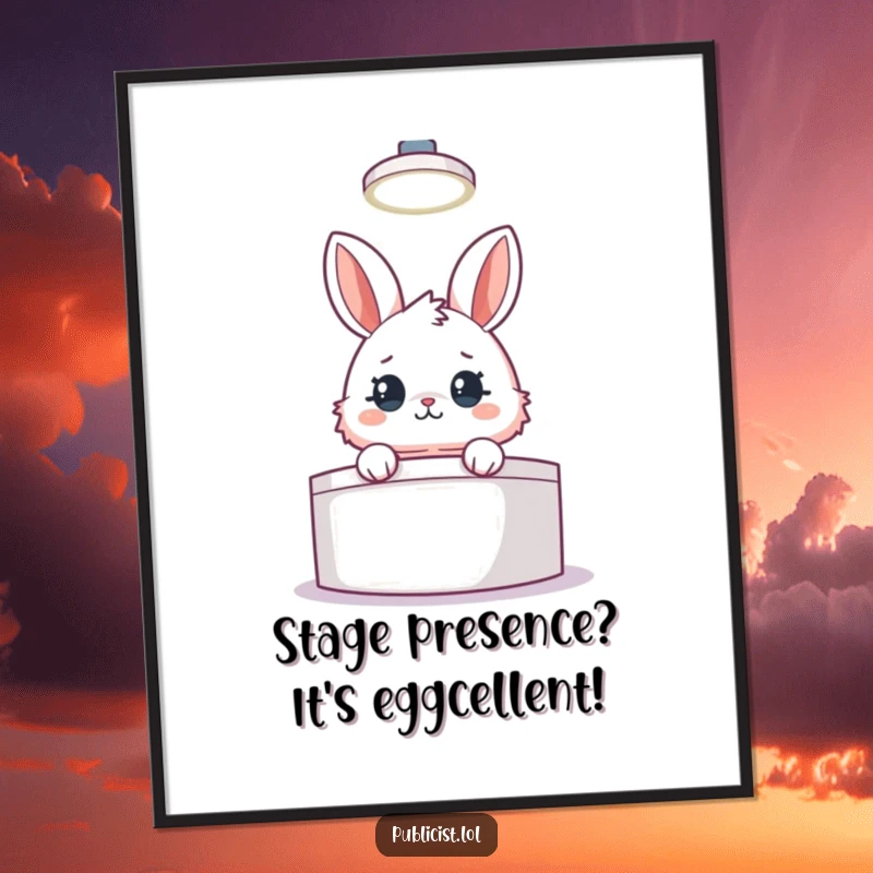 Funny free printable wall art featuring a fluffy rabbit peeking from behind a podium, bathed in a dramatic spotlight, looking mischievous.
