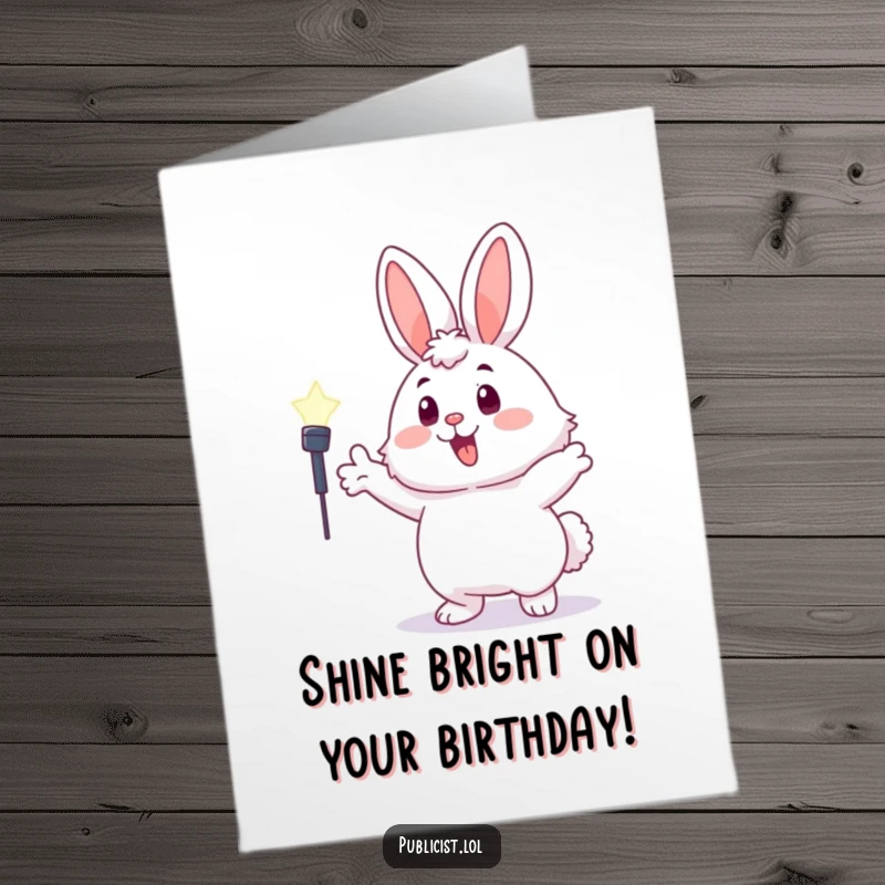 Funny Free Printable Birthday Card: A fluffy bunny enthusiastically gesturing towards a spotlight, ready for their big birthday moment.