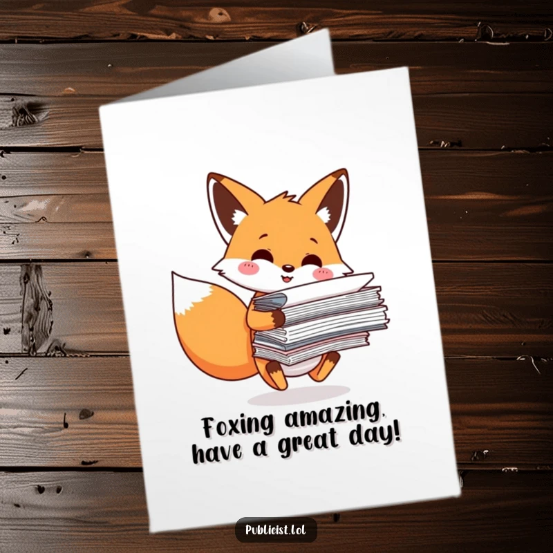 Funny Free Printable Birthday Card: Fox struggling with paper stack, office humor, downloadable greeting.