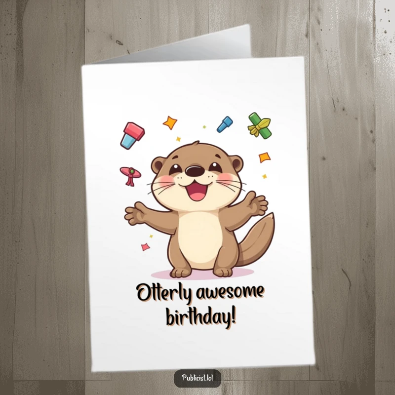 Funny free printable birthday card: a playful otter grins widely while expertly juggling vibrant flyers, celebrating a special occasion.