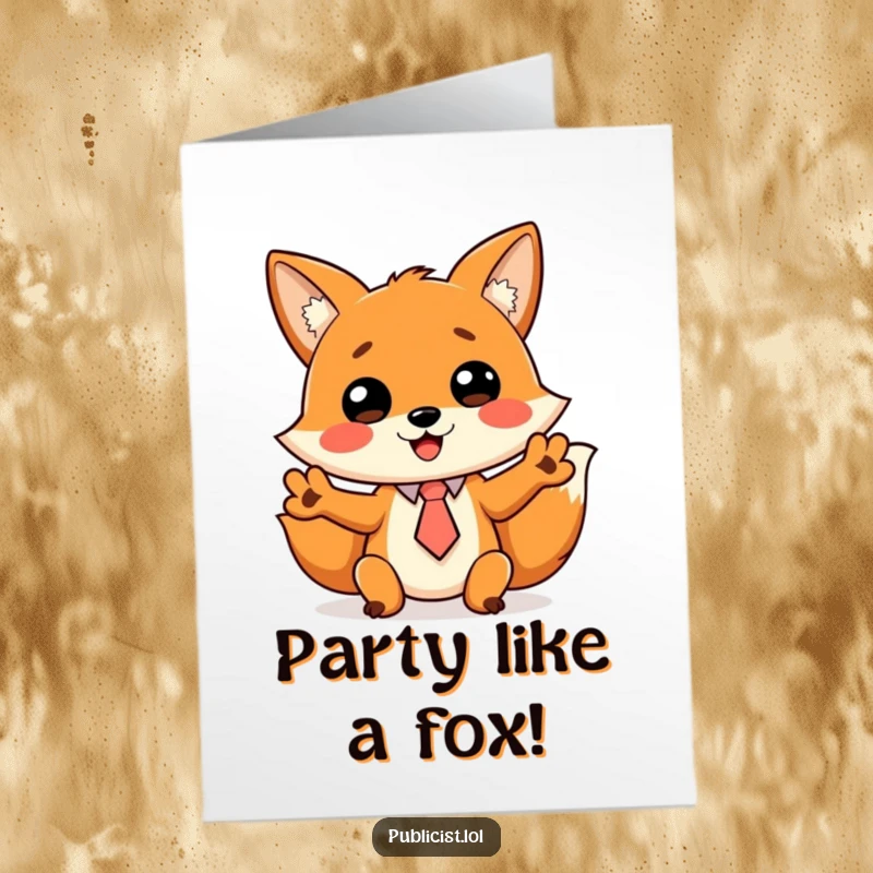 Funny free printable birthday card: a cheerful fox in a tiny tie gestures wildly, ready to party and deliver birthday wishes.