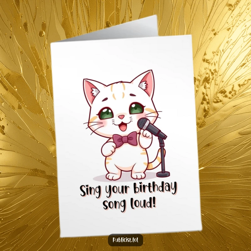 Funny Free Printable Birthday Card: A cute cat in a bowtie holding a microphone, striking a diva pose with birthday flair.