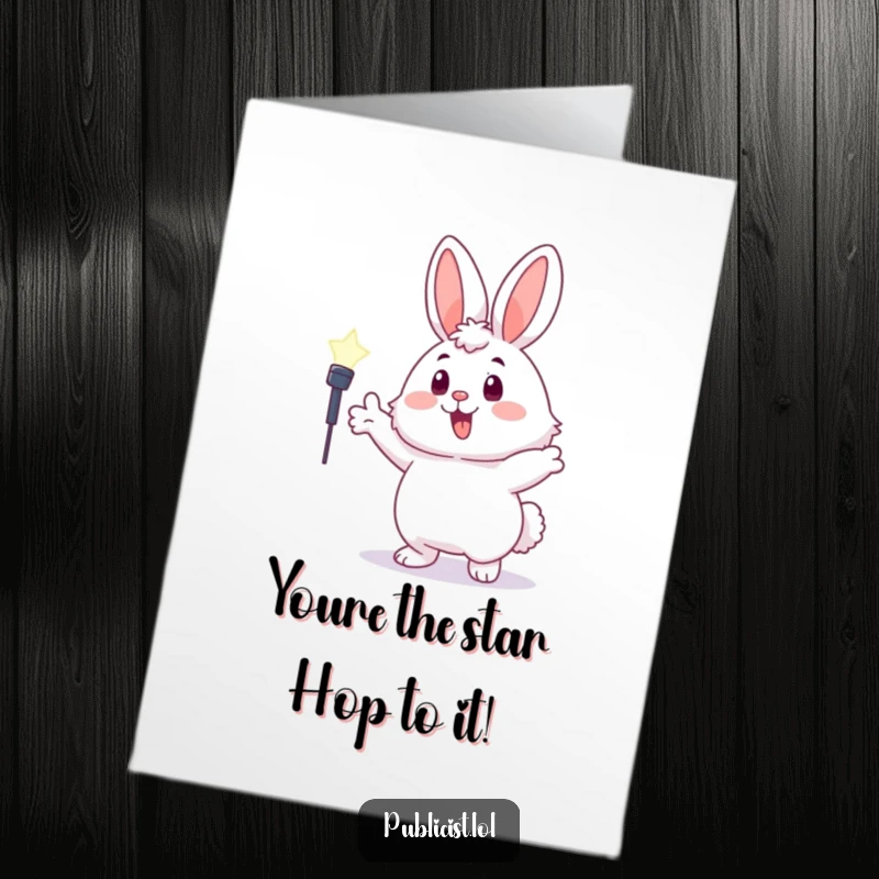 Funny Free Printable Congratulations Card: A fluffy bunny enthusiastically gesturing towards a spotlight, celebrating success with bright energy.