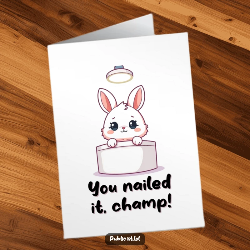 Funny free printable congratulations card with a fluffy rabbit peeking from behind a podium under a spotlight, celebrating an achievement.