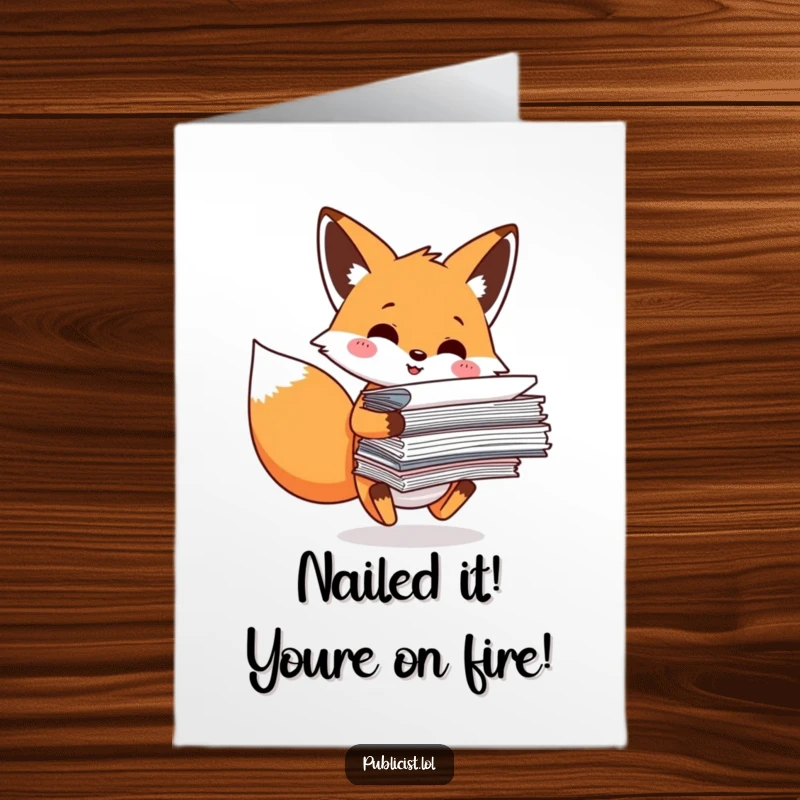 Funny Free Printable Congratulations Card: Fox overwhelmed by papers, office success humor, downloadable.