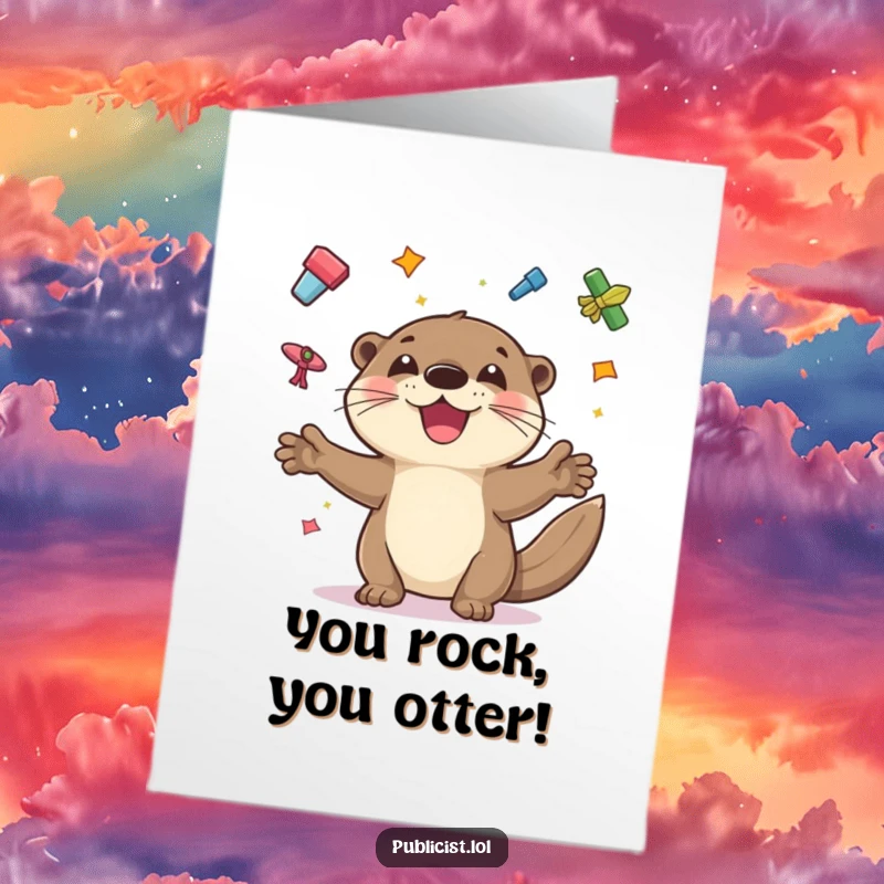 Funny free printable congratulations card: a grinning otter juggles colorful flyers, showcasing impressive skill and celebratory enthusiasm.