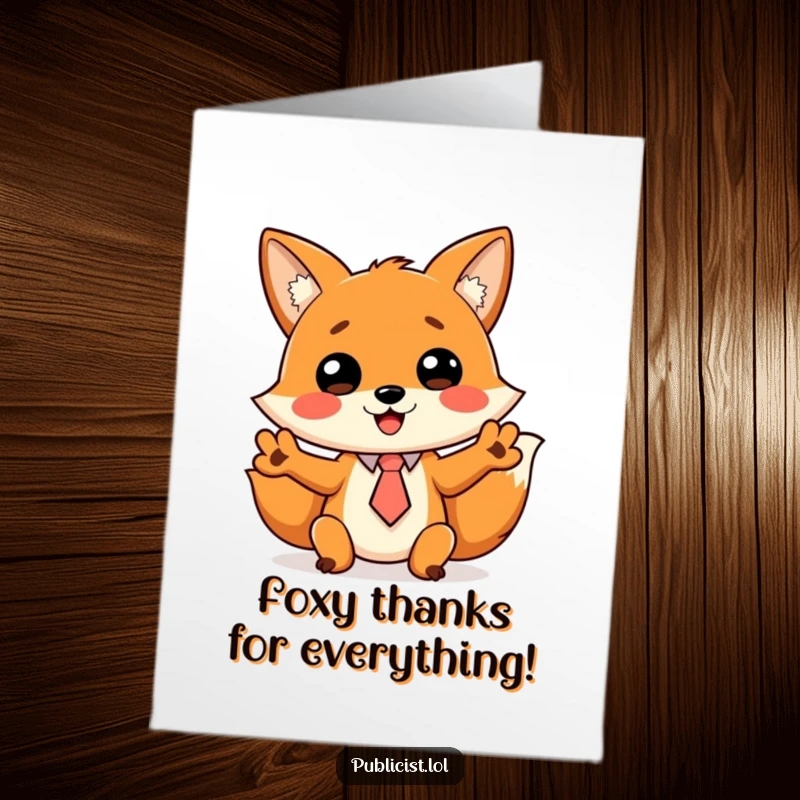 Funny free printable thank you card: a cheerful fox wearing a tiny tie gestures wildly, conveying heartfelt and energetic thanks.